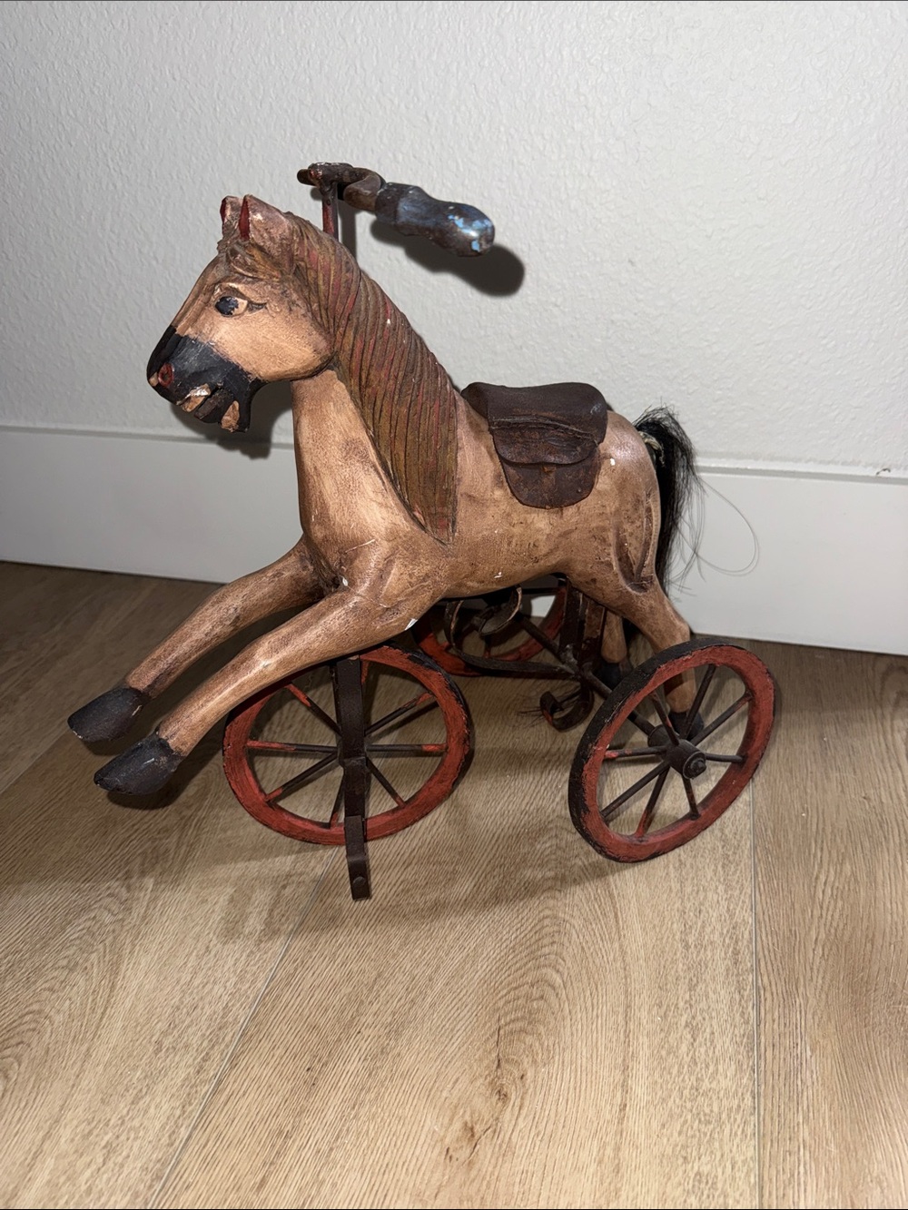 Antique 1800’s Child’s Hand Carved Wooden Horse Tricycle Toy 18” tall